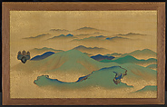 Mountainous Landscape, Suzuki Kiitsu (Japanese, 1796–1858), Pair of small sliding doors (kobusuma); ink, color, and gold flakes on silk, Japan